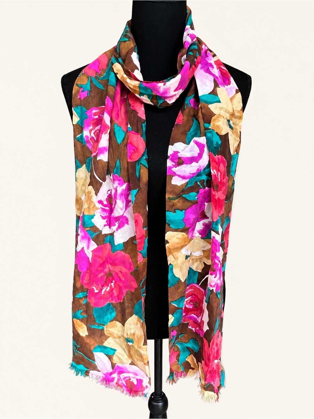 Express 100% Silk Floral Scarf Pink Rose Brown Teal Fringe Vintage